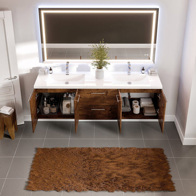 Axis 72"W x 20"D Rosewood Wall Mount Double Sink Bathroom Vanity with White Acrylic Countertop and Integrated Sinks