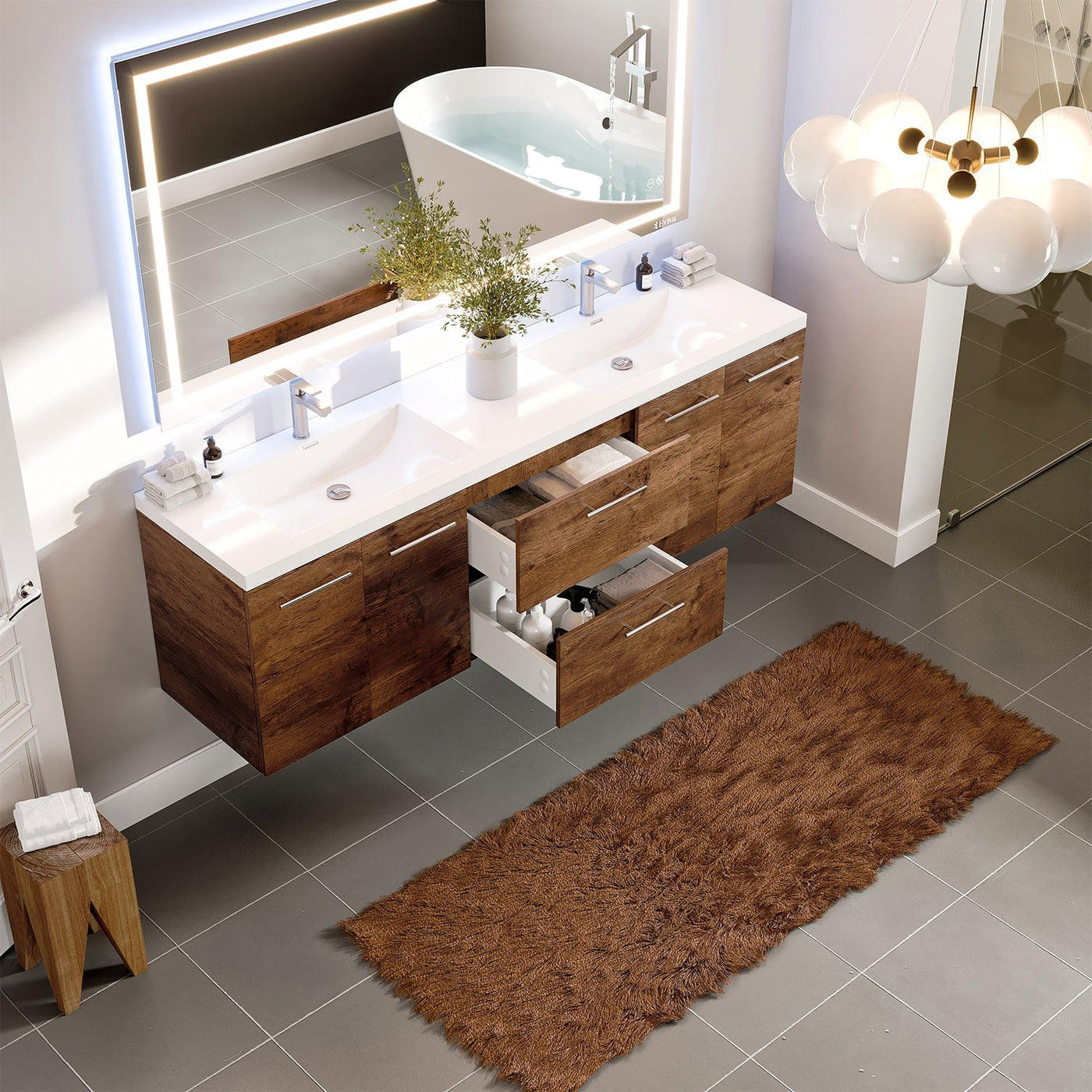 Axis 72"W x 20"D Rosewood Wall Mount Double Sink Bathroom Vanity with White Acrylic Countertop and Integrated Sinks