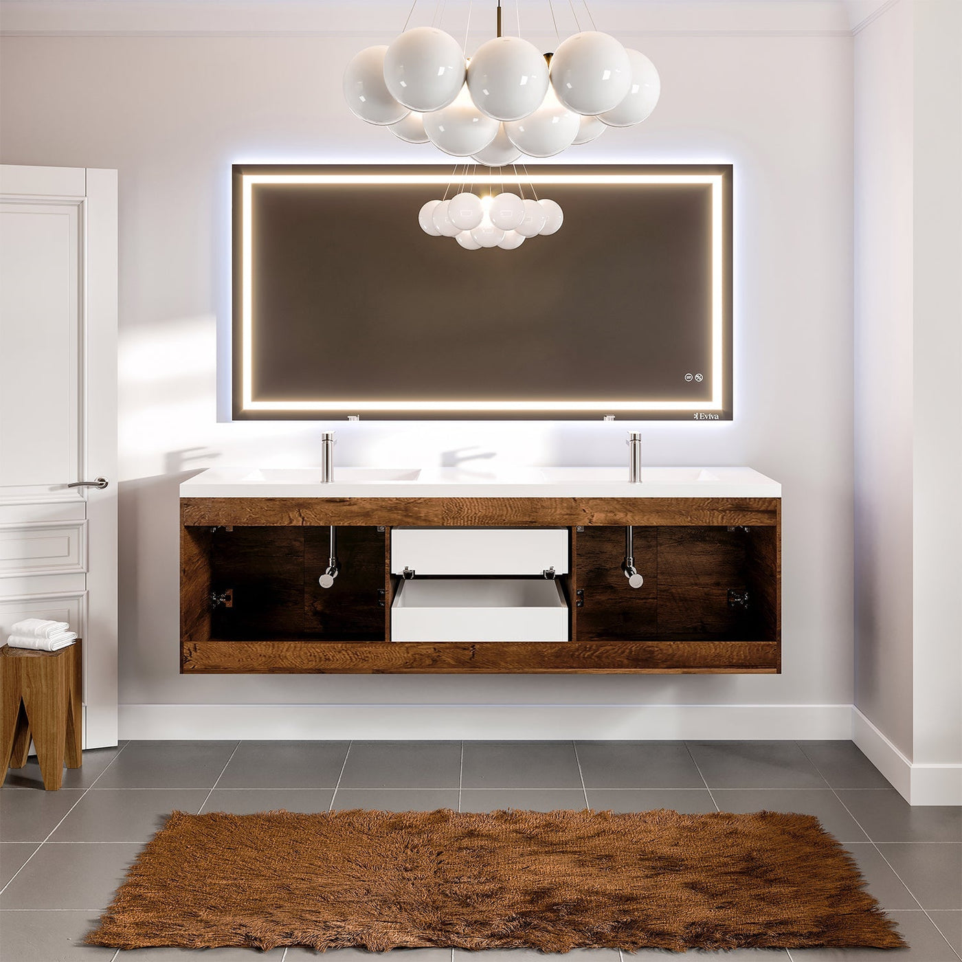 Axis 72"W x 20"D Rosewood Wall Mount Double Sink Bathroom Vanity with White Acrylic Countertop and Integrated Sinks