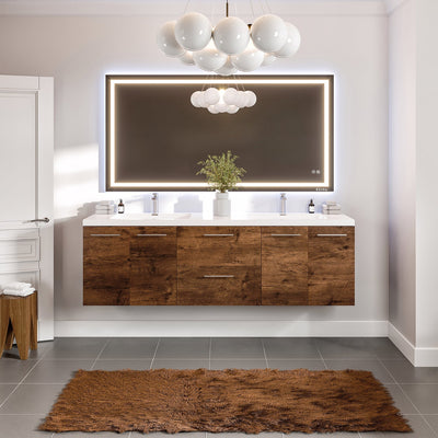 Axis 72"W x 20"D Rosewood Wall Mount Double Sink Bathroom Vanity with White Acrylic Countertop and Integrated Sinks