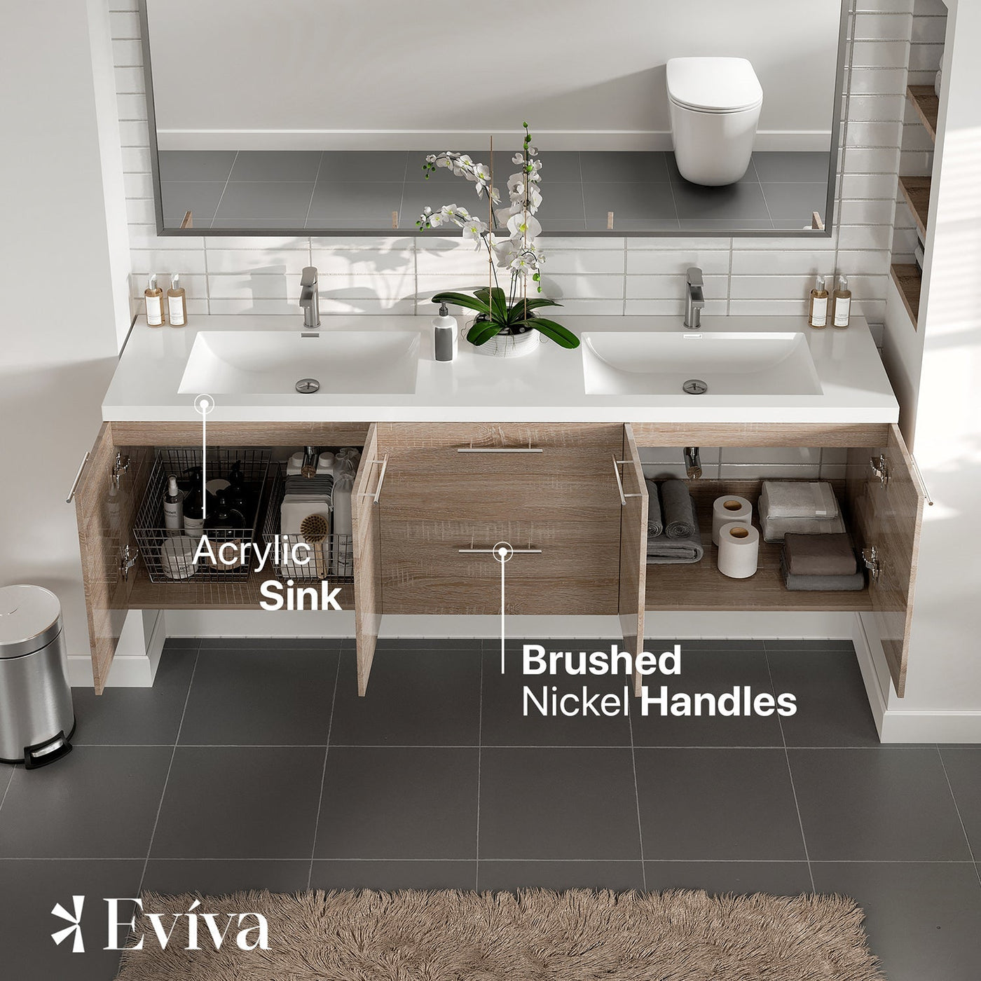 Axis 72"W x 20"D White Oak Wall Mount Double Sink Bathroom Vanity with White Acrylic Countertop and Integrated Sinks