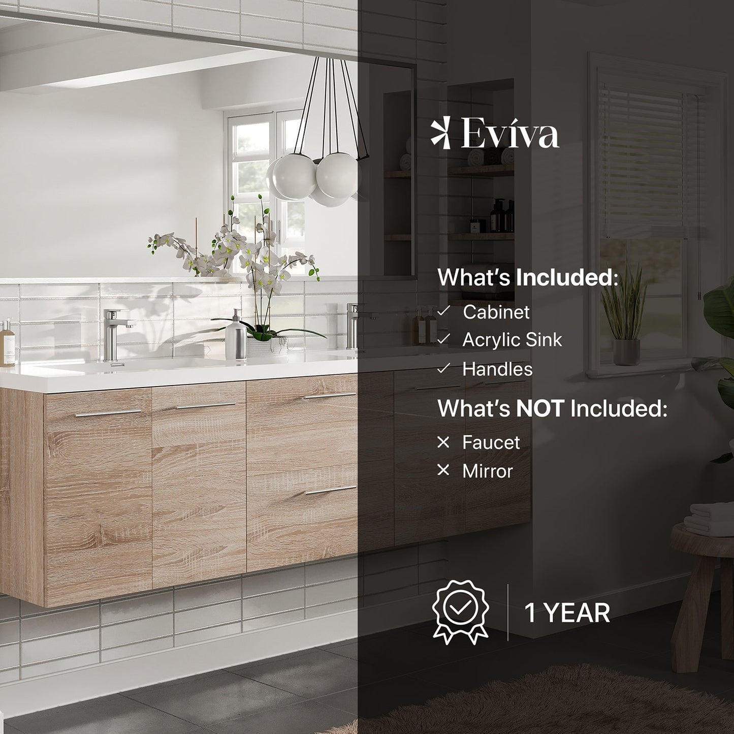 Eviva Axis 72 Inch White Oak Double Sink Bathroom Vanity