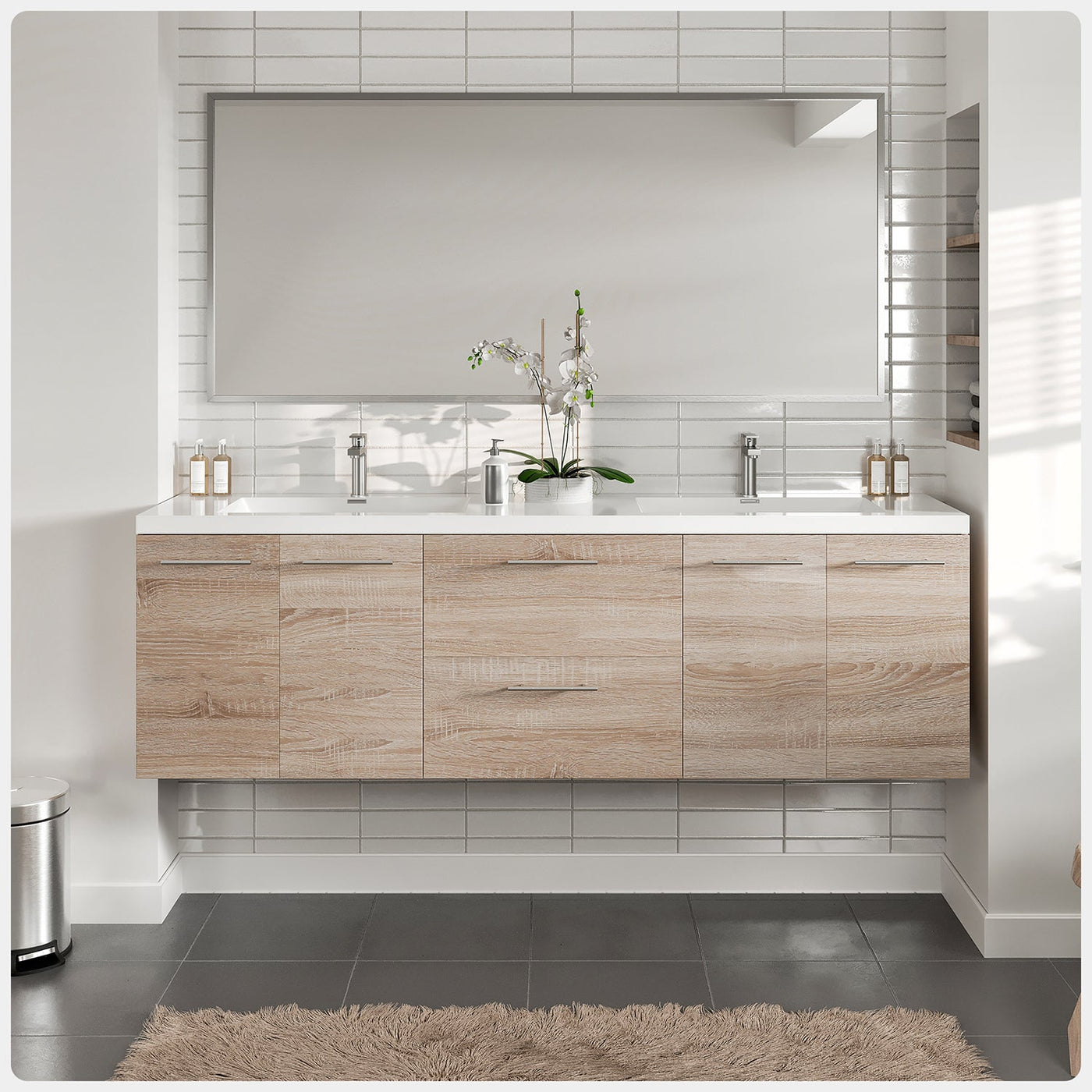 Axis 72"W x 20"D White Oak Wall Mount Double Sink Bathroom Vanity with White Acrylic Countertop and Integrated Sinks