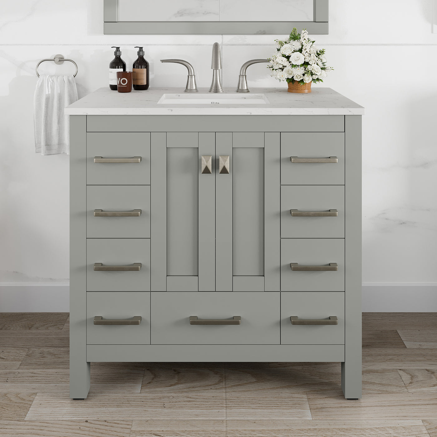 Hampton 36"W x 18"D Gray Bathroom Vanity with White Carrara Quartz Countertop and Undermount Porcelain Sink