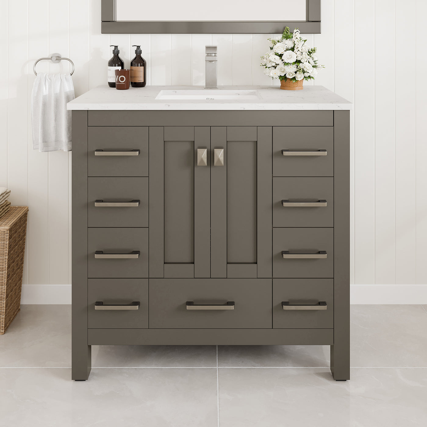 Hampton 36"W x 18"D Dark Gray Bathroom Vanity with White Carrara Quartz Countertop and Undermount Porcelain Sink