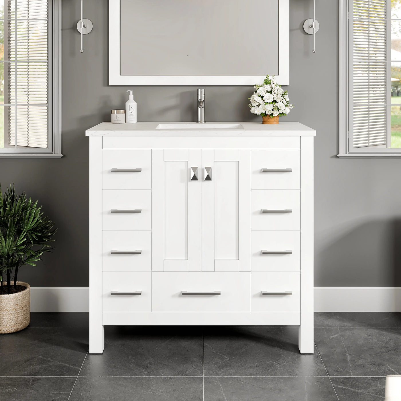 Hampton 36"W x 18"D Bathroom Vanity with White Carrara Quartz Countertop and Undermount Porcelain Sink