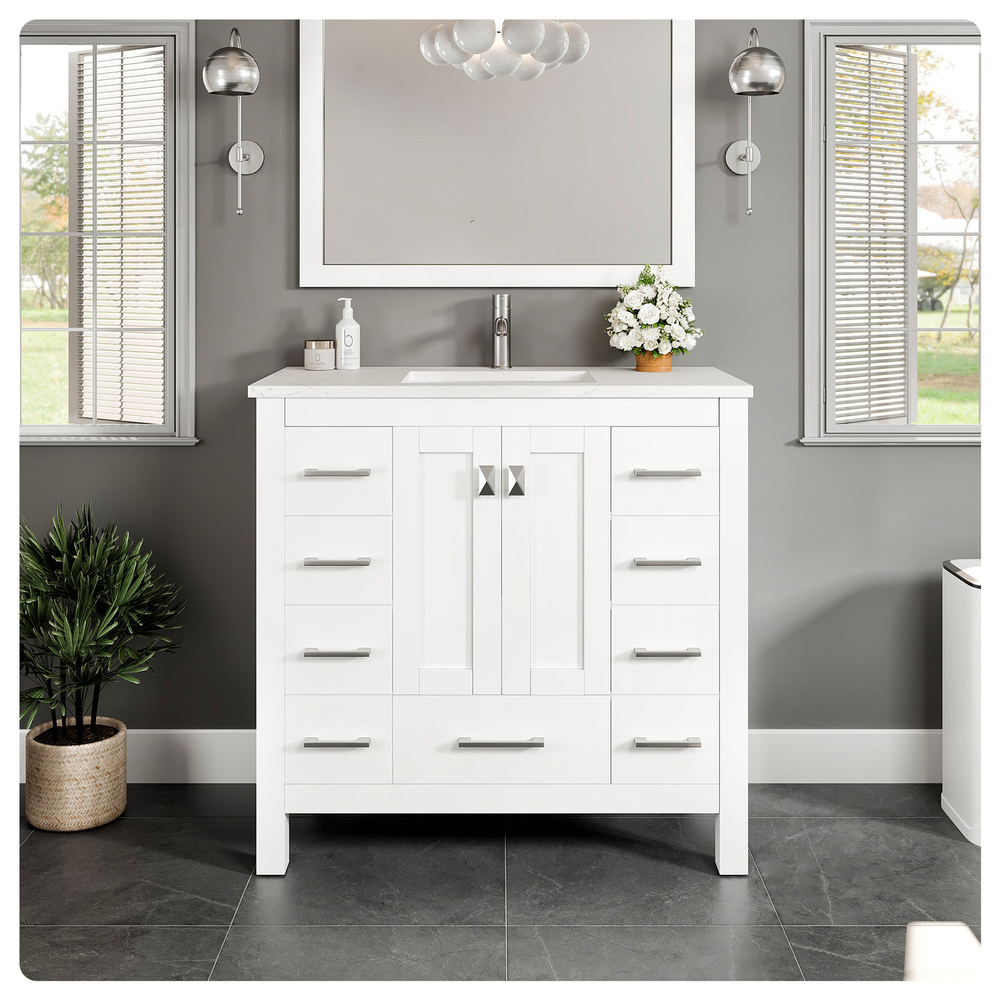 Hampton 36"W x 18"D White Bathroom Vanity with White Carrara Quartz Countertop and Undermount Porcelain Sink