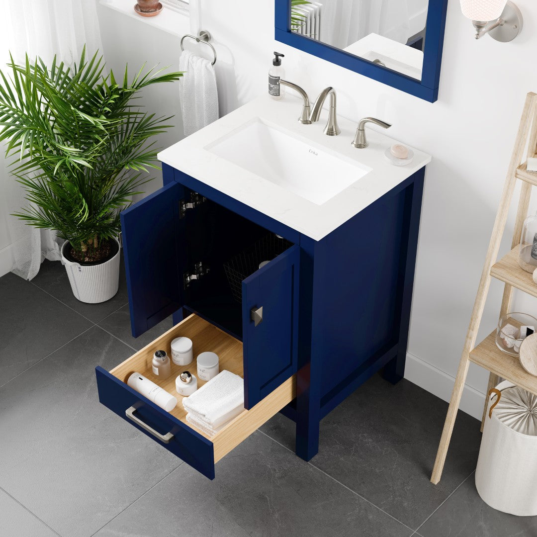 Aberdeen 24 in. Blue Single Sink Bath Vanity with Carrara Quartz Top and Undermount Porcelain Sink