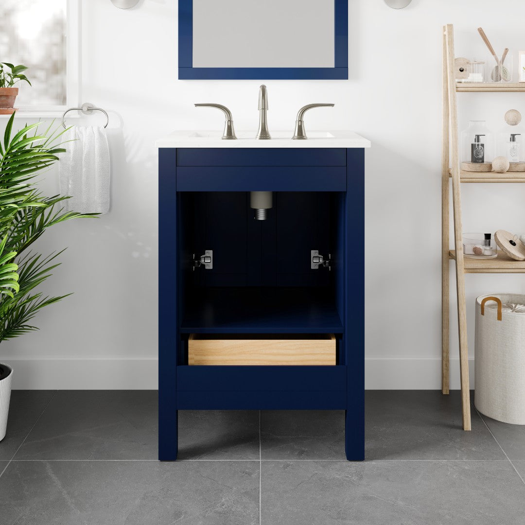 Aberdeen 24 in. Blue Single Sink Bath Vanity with Carrara Quartz Top and Undermount Porcelain Sink