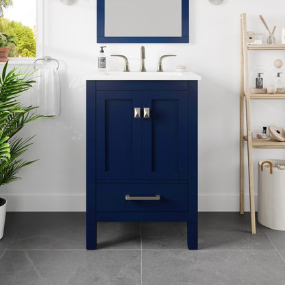 Aberdeen 24 in. Blue Single Sink Bath Vanity with Carrara Quartz Top and Undermount Porcelain Sink