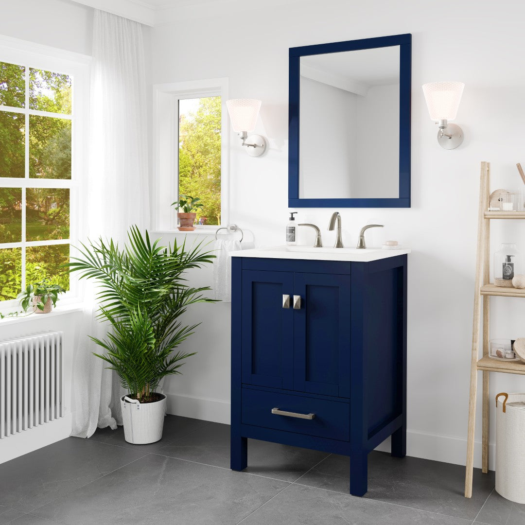 Aberdeen 24 in. Blue Single Sink Bath Vanity with Carrara Quartz Top and Undermount Porcelain Sink