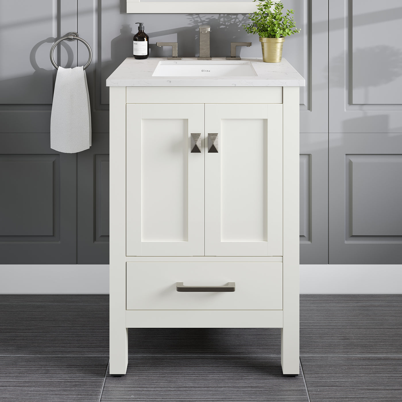 Aberdeen 24"W x 22"D White Bathroom Vanity with White Carrara Quartz Countertop and Undermount Porcelain Sink