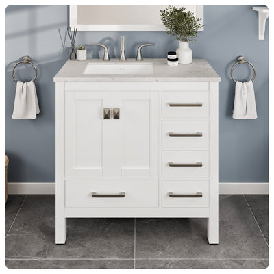 Aberdeen 36"W x 22"D White Bathroom Vanity with White Carrara Quartz Countertop and Undermount Porcelain Sink