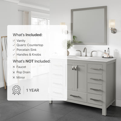 Aberdeen 42"W x 22"D Gray Bathroom Vanity with White Carrara Quartz Countertop and Undermount Porcelain Sink