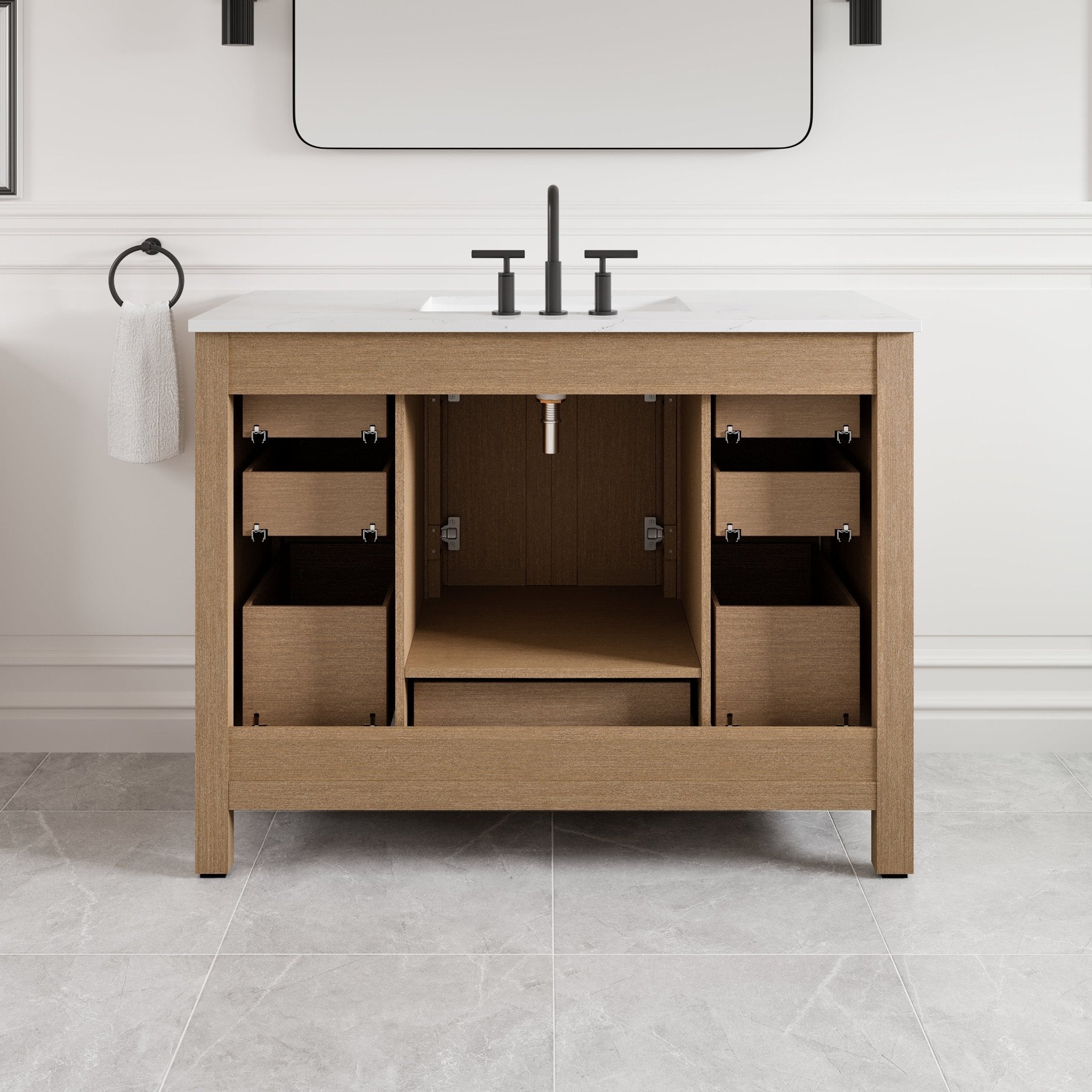 Aberdeen 42 in. Oak Single Sink Bath Vanity with Arabescato Engineered Stone Top and Undermount Porcelain Sink - Bathroom Vanity by Eviva