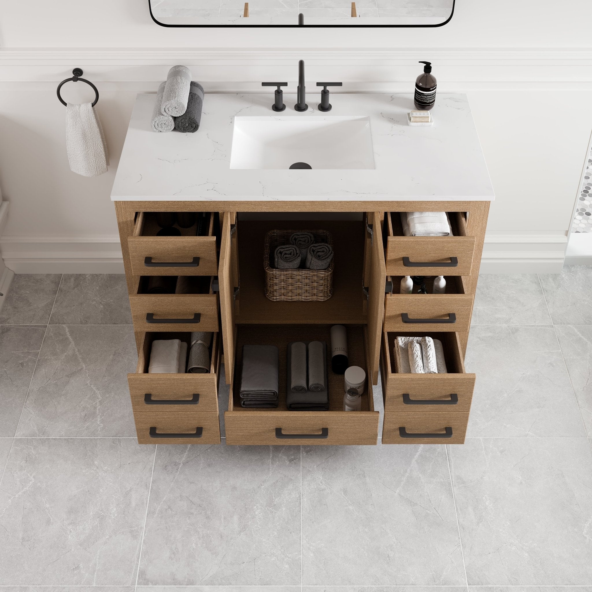Aberdeen 42 in. Oak Single Sink Bath Vanity with Arabescato Engineered Stone Top and Undermount Porcelain Sink - Bathroom Vanity by Eviva