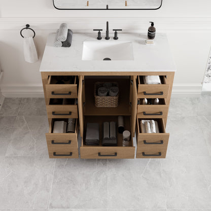 Aberdeen 42 in. Oak Single Sink Bath Vanity with Arabescato Engineered Stone Top and Undermount Porcelain Sink - Bathroom Vanity by Eviva