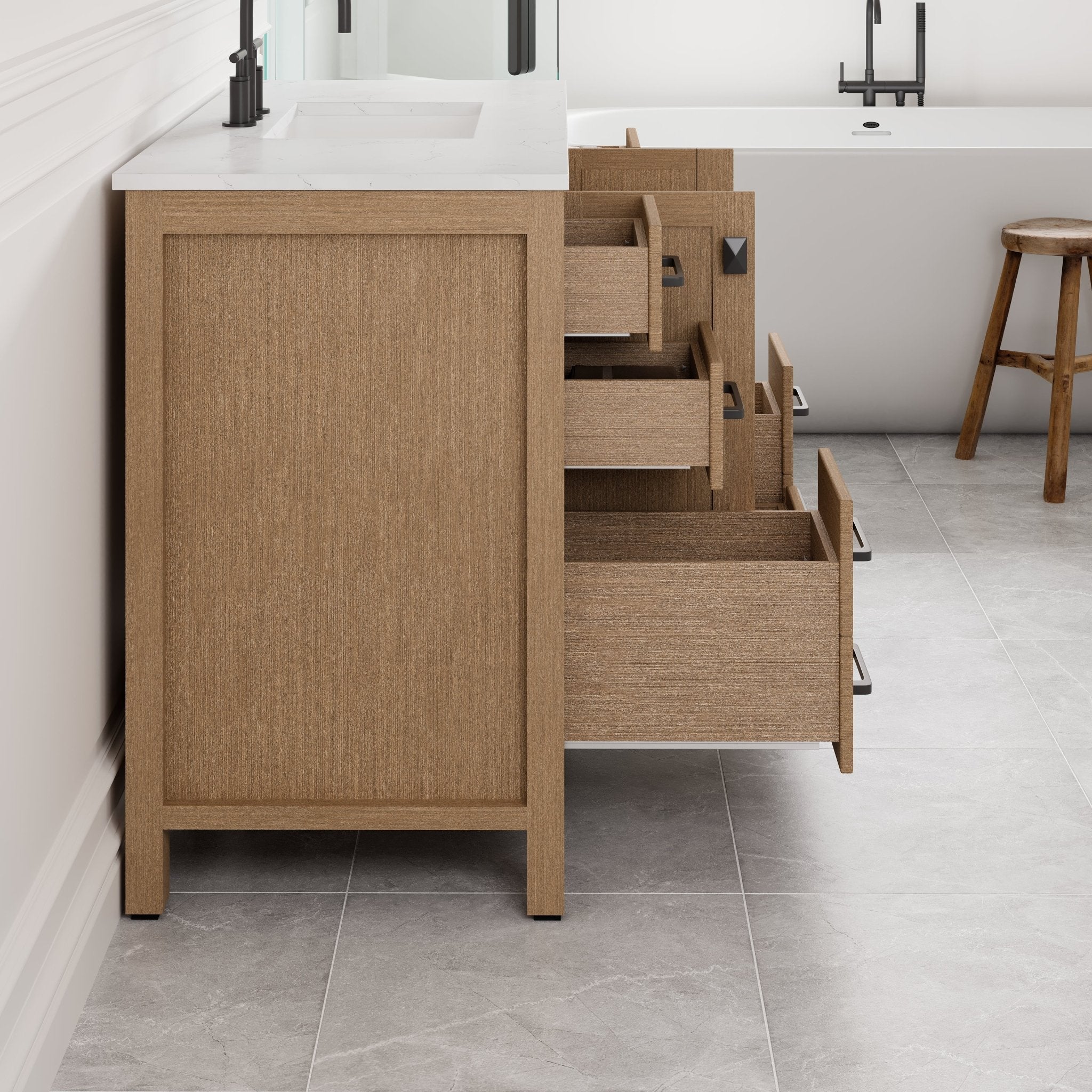 Aberdeen 42 in. Oak Single Sink Bath Vanity with Arabescato Engineered Stone Top and Undermount Porcelain Sink - Bathroom Vanity by Eviva