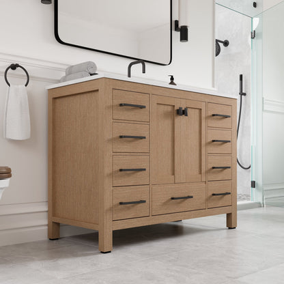 Aberdeen 42 in. Oak Single Sink Bath Vanity with Arabescato Engineered Stone Top and Undermount Porcelain Sink - Bathroom Vanity by Eviva