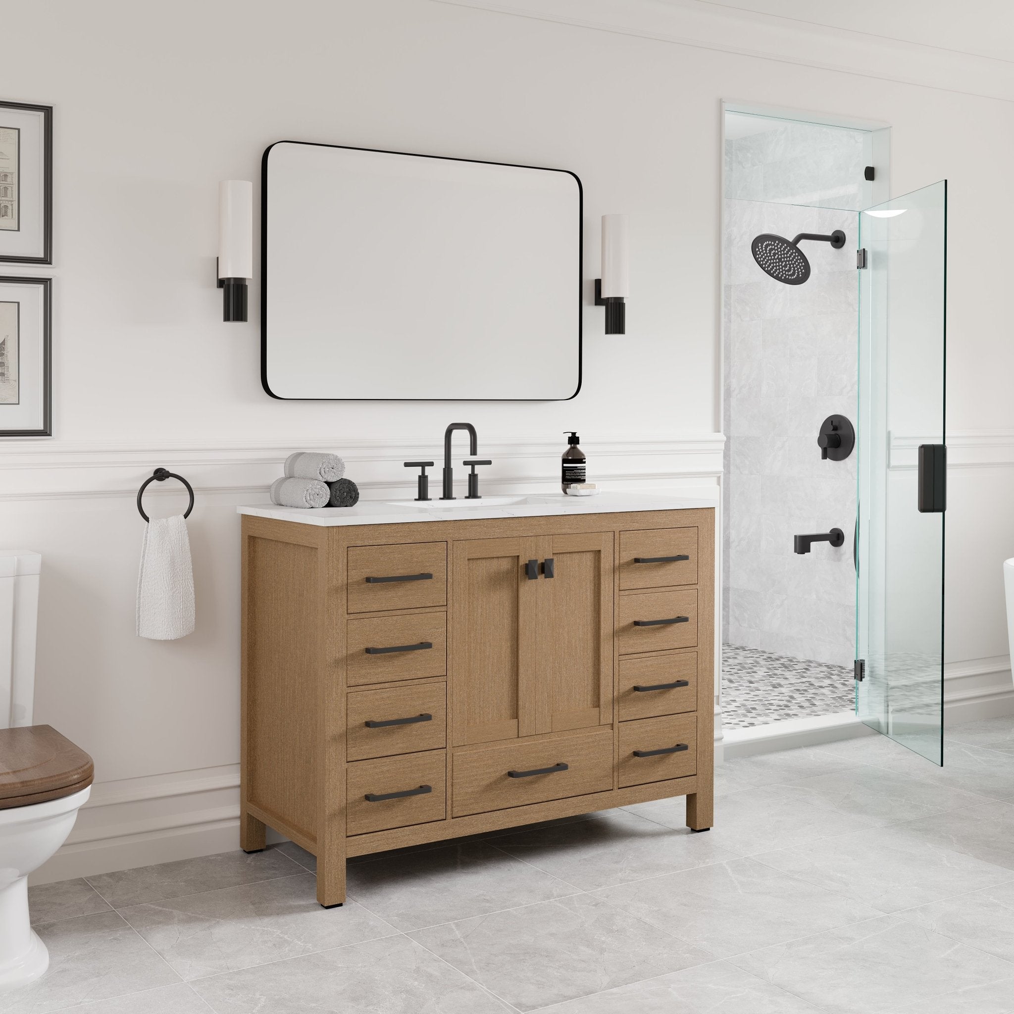 Aberdeen 42 in. Oak Single Sink Bath Vanity with Arabescato Engineered Stone Top and Undermount Porcelain Sink - Bathroom Vanity by Eviva