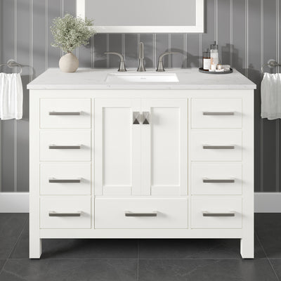 Aberdeen 42"W x 22"D White Bathroom Vanity with White Carrara Quartz Countertop and Undermount Porcelain Sink