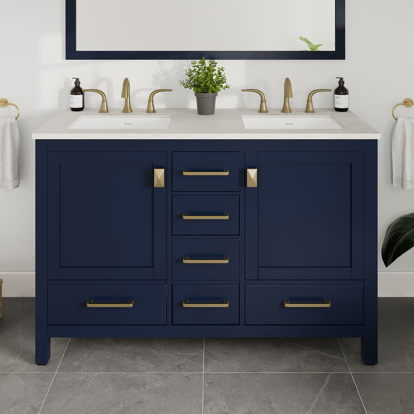 Aberdeen 48"W x 22"D Blue Double Sink Bathroom Vanity with White Carrara Quartz Countertop and Undermount Porcelain Sinks