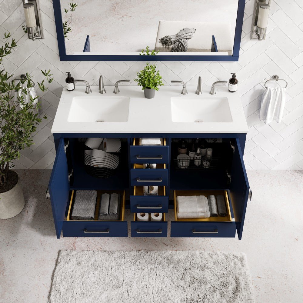 Aberdeen 48 in. Blue Double Sink Bath Vanity with Carrara Quartz Top and Undermount Porcelain Sinks - Bathroom Vanity by Eviva