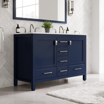 Aberdeen 48 in. Blue Double Sink Bath Vanity with Carrara Quartz Top and Undermount Porcelain Sinks - Bathroom Vanity by Eviva