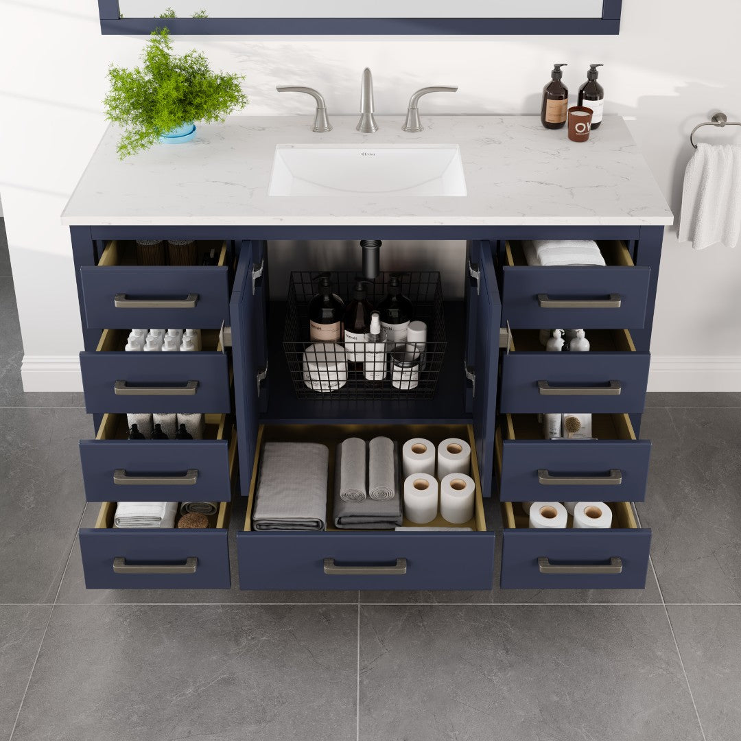 Aberdeen 48 in. Blue Single Sink Bath Vanity with Carrara Quartz Top and Undermount Porcelain Sink