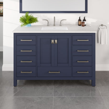 Aberdeen 48 in. Blue Single Sink Bath Vanity with Carrara Quartz Top and Undermount Porcelain Sink