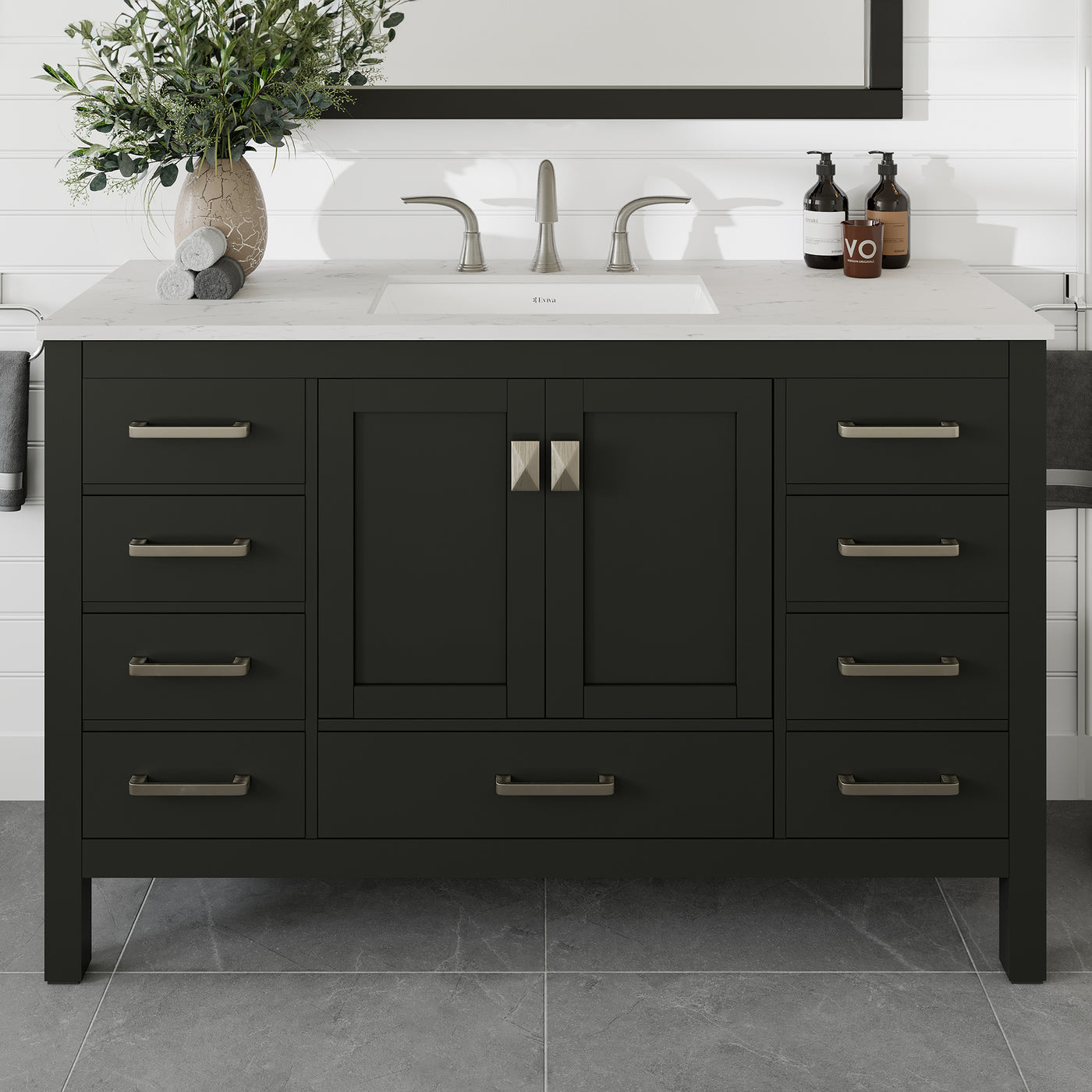 Aberdeen 54"W x 22"D Espresso Bathroom Vanity with White Carrara Quartz Countertop and Undermount Porcelain Sink