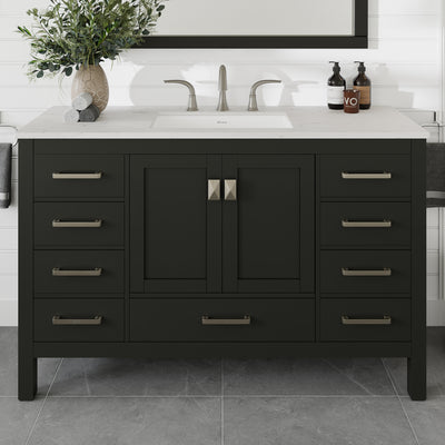 Aberdeen 54"W x 22"D Espresso Bathroom Vanity with White Carrara Quartz Countertop and Undermount Porcelain Sink