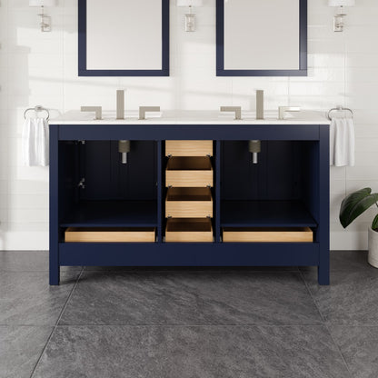 Aberdeen 60 in. Blue Double Sink  Bath Vanity with Carrara Quartz Top and Undermount Porcelain Sinks