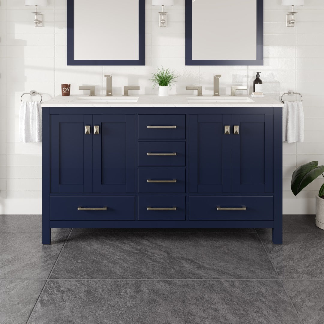 Aberdeen 60 in. Blue Double Sink  Bath Vanity with Carrara Quartz Top and Undermount Porcelain Sinks