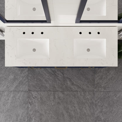 Aberdeen 60 in. Blue Double Sink  Bath Vanity with Carrara Quartz Top and Undermount Porcelain Sinks