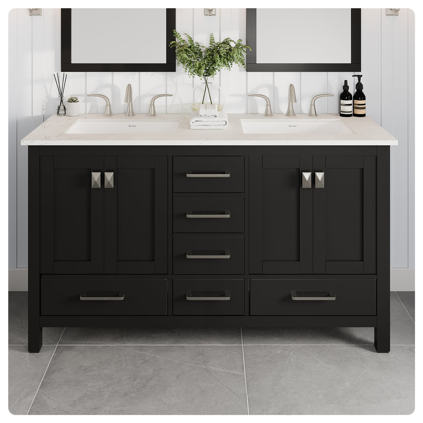 Aberdeen 60"W x 22"D Espresso Double Sink Bathroom Vanity with White Carrara Quartz Countertop and Undermount Porcelain Sinks