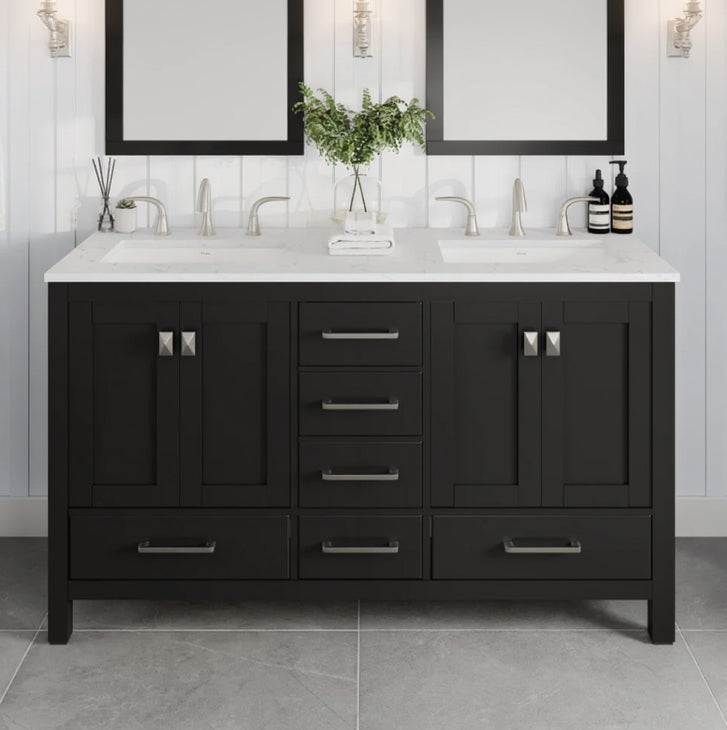 A traditional style Aberdeen 60 in. Espresso double sink bath vanity with a Carrara Quartz top, featuring undermount porcelain sinks and gold hardware.
