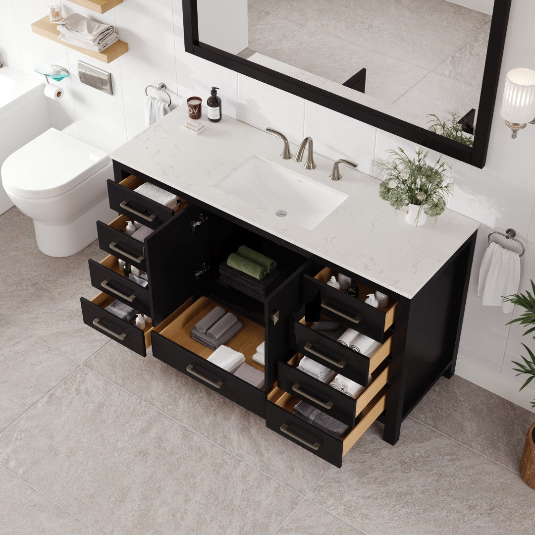 Aberdeen 60 in. Espresso Single Sink Bath Vanity with Carrara Quartz Top and Undermount Porcelain Sink