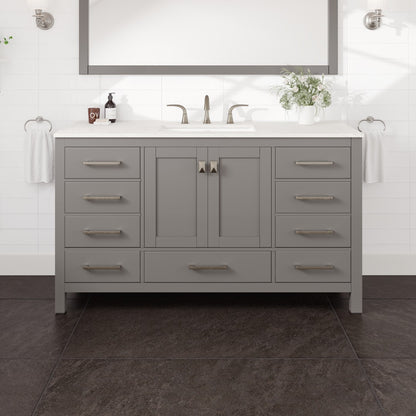 Aberdeen 60 in. Gray Single Sink Bath Vanity with Carrara Quartz Top and Undermount Porcelain Sink