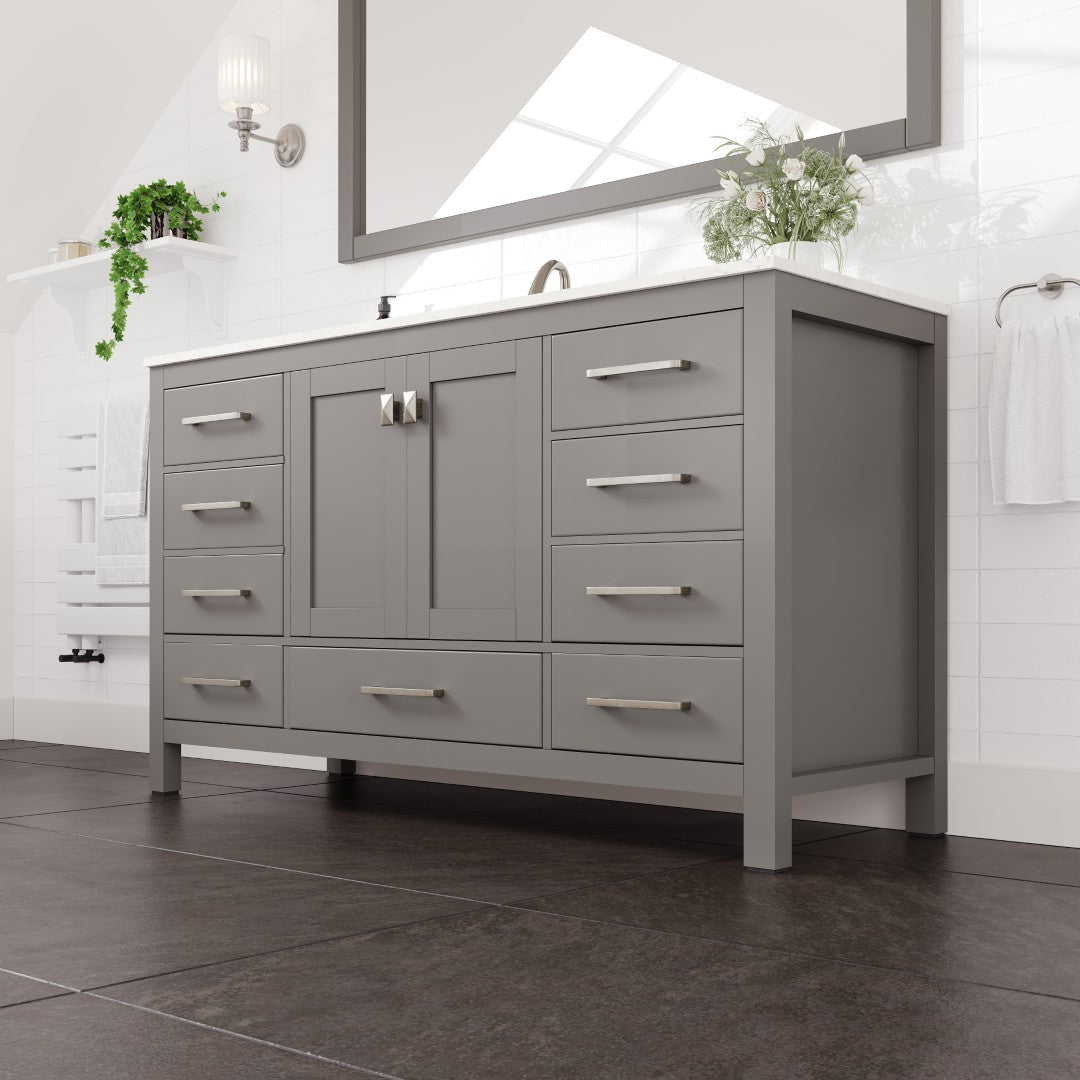 Aberdeen 60 in. Gray Single Sink Bath Vanity with Carrara Quartz Top and Undermount Porcelain Sink