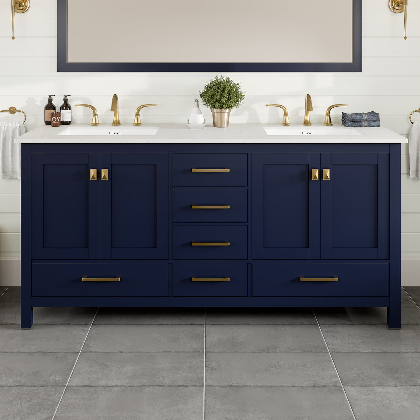 Aberdeen 72"W x 22"D Blue Double Sink Bathroom Vanity with White Carrara Quartz Countertop and Undermount Porcelain Sinks