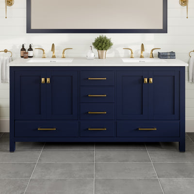 Aberdeen 72"W x 22"D Blue Double Sink Bathroom Vanity with White Carrara Quartz Countertop and Undermount Porcelain Sinks