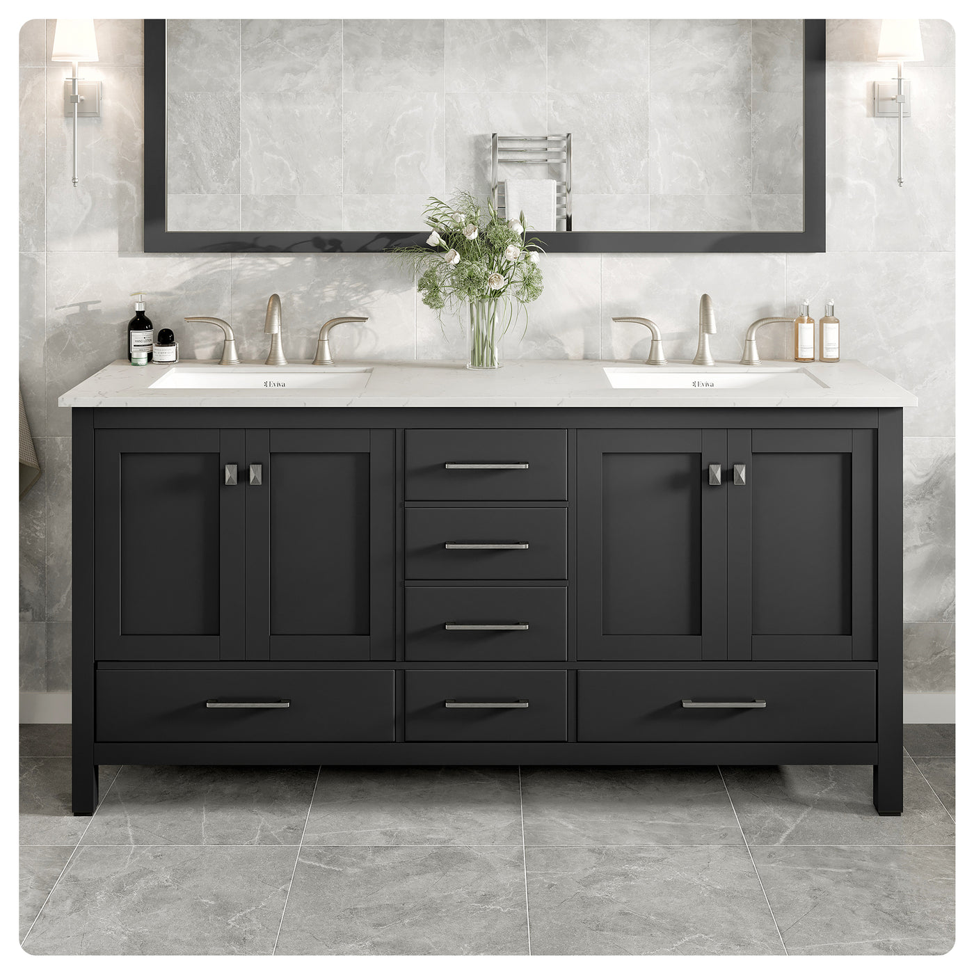 Aberdeen 72"W x 22"D Espresso Double Sink Bathroom Vanity with White Carrara Quartz Countertop and Undermount Porcelain Sinks