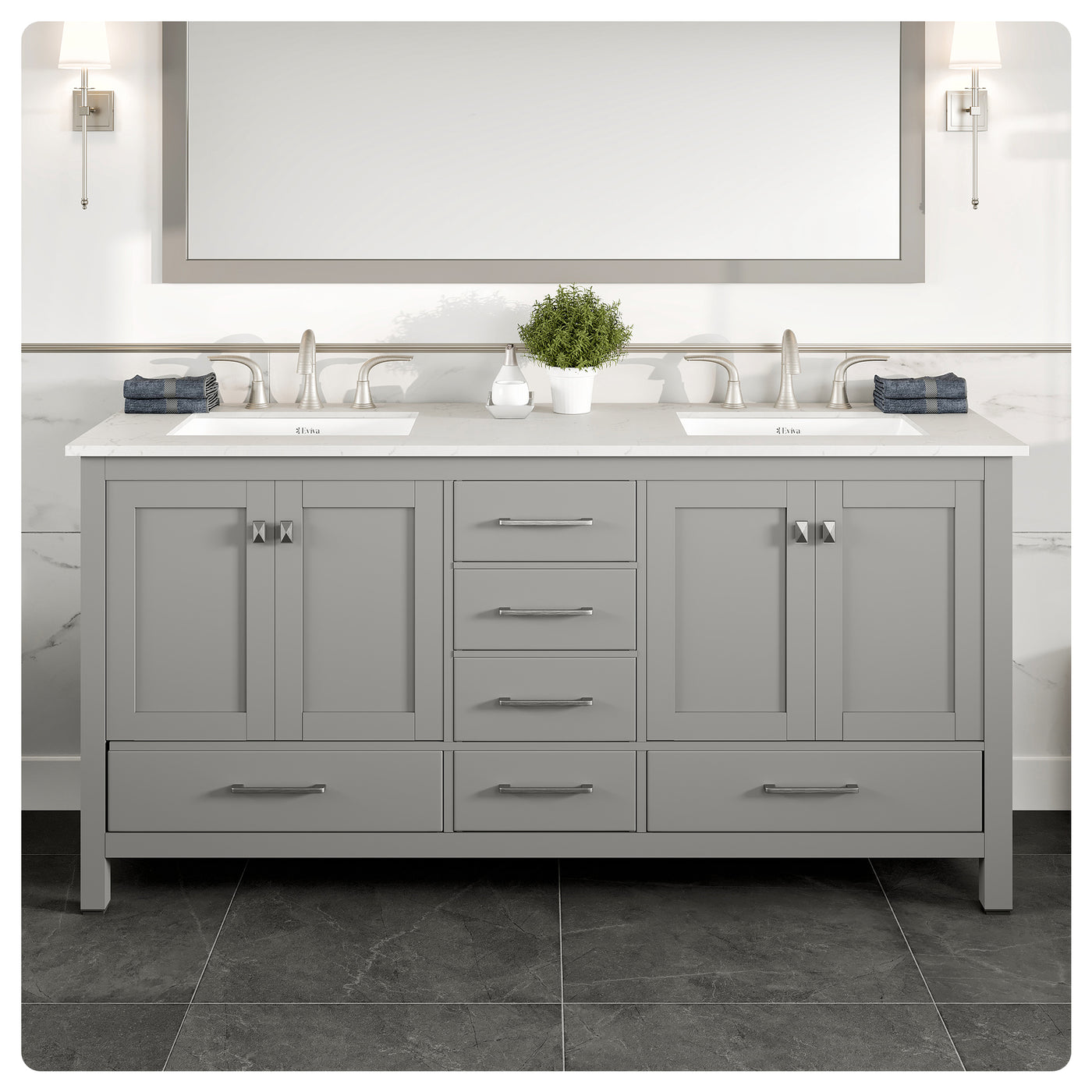 Aberdeen 72"W x 22"D Gray Double Sink Bathroom Vanity with White Carrara Quartz Countertop and Undermount Porcelain Sinks