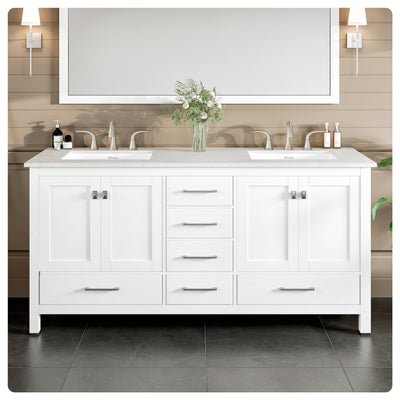 Aberdeen 72"W x 22"D White Double Sink Bathroom Vanity with White Carrara Quartz Countertop and Undermount Porcelain Sinks