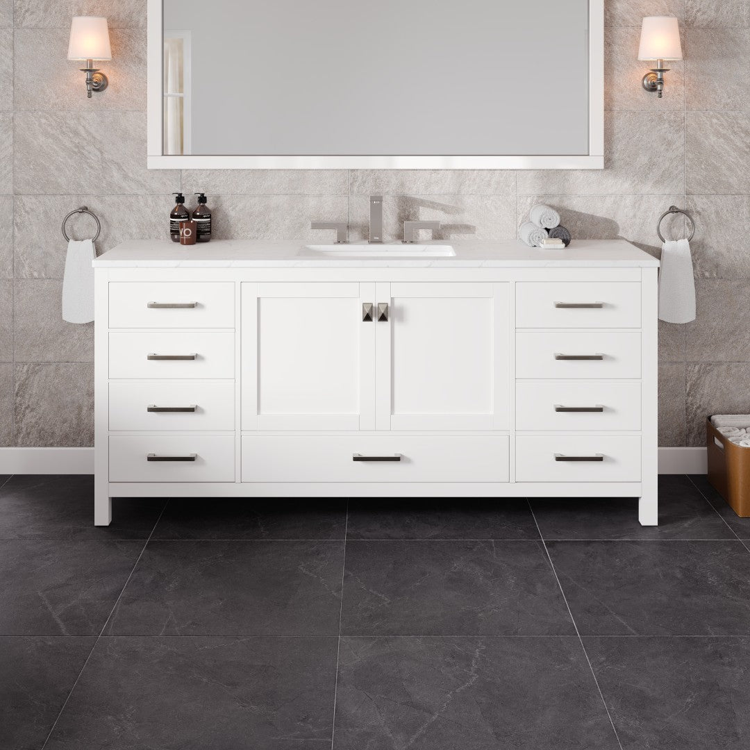 Aberdeen 72 in. White Single Sink Bath Vanity with Carrara Quartz Top and Undermount Porcelain Sink