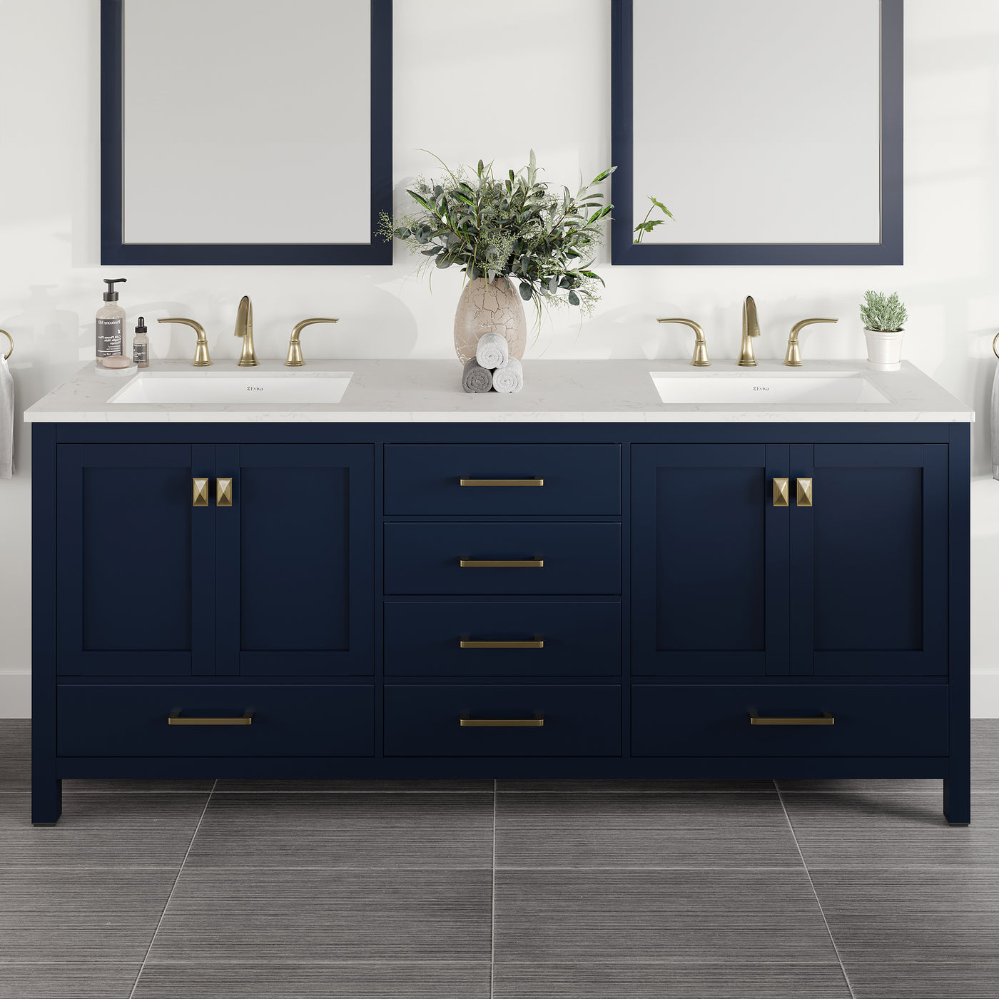 Aberdeen 78"W x 22"D Blue Double Sink Bathroom Vanity with White Carrara Quartz Countertop and Undermount Porcelain Sinks