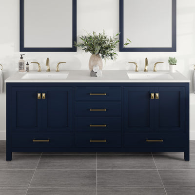 Aberdeen 78"W x 22"D Blue Double Sink Bathroom Vanity with White Carrara Quartz Countertop and Undermount Porcelain Sinks