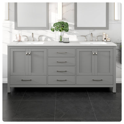 Aberdeen 78"W x 22"D Gray Double Sink Bathroom Vanity with White Carrara Quartz Countertop and Undermount Porcelain Sinks