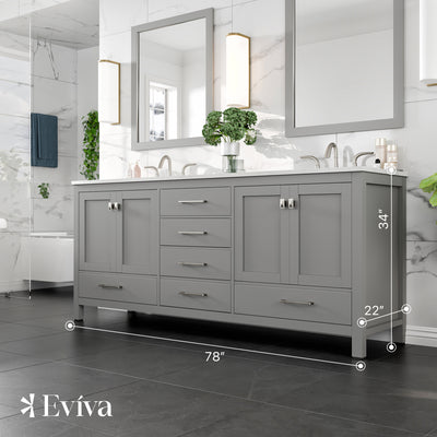 Aberdeen 78"W x 22"D Gray Double Sink Bathroom Vanity with White Carrara Quartz Countertop and Undermount Porcelain Sinks